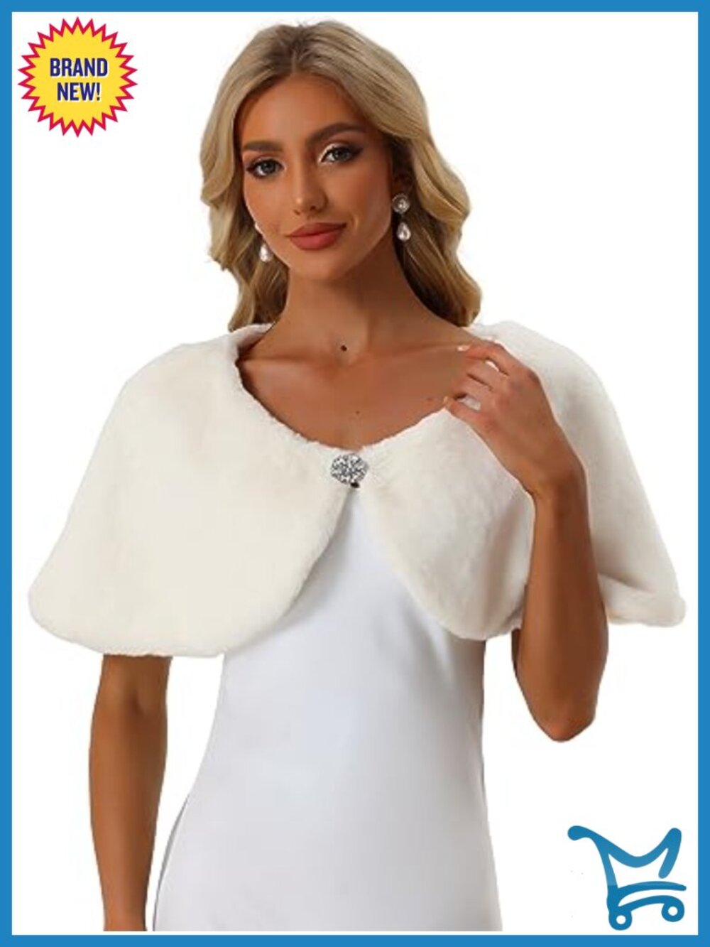 Faux Fur Shawl Wrap with Brooches - Bridal Wedding Party Stole Shrug